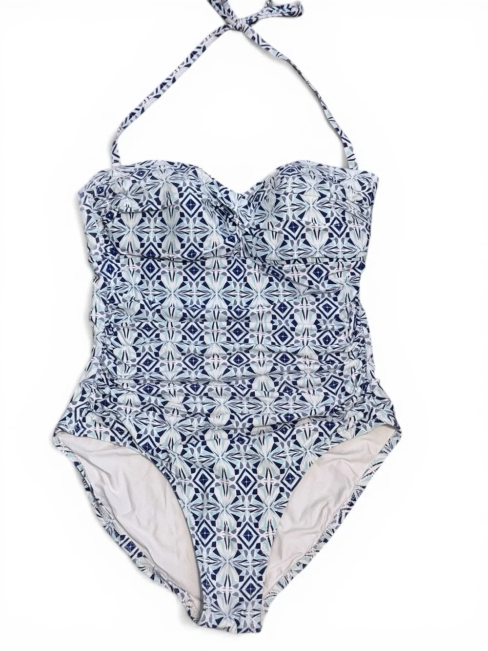 Helen Jon Swimsuit Blue Geo One-Piece Kaleidoscope Print Halter Strap Large